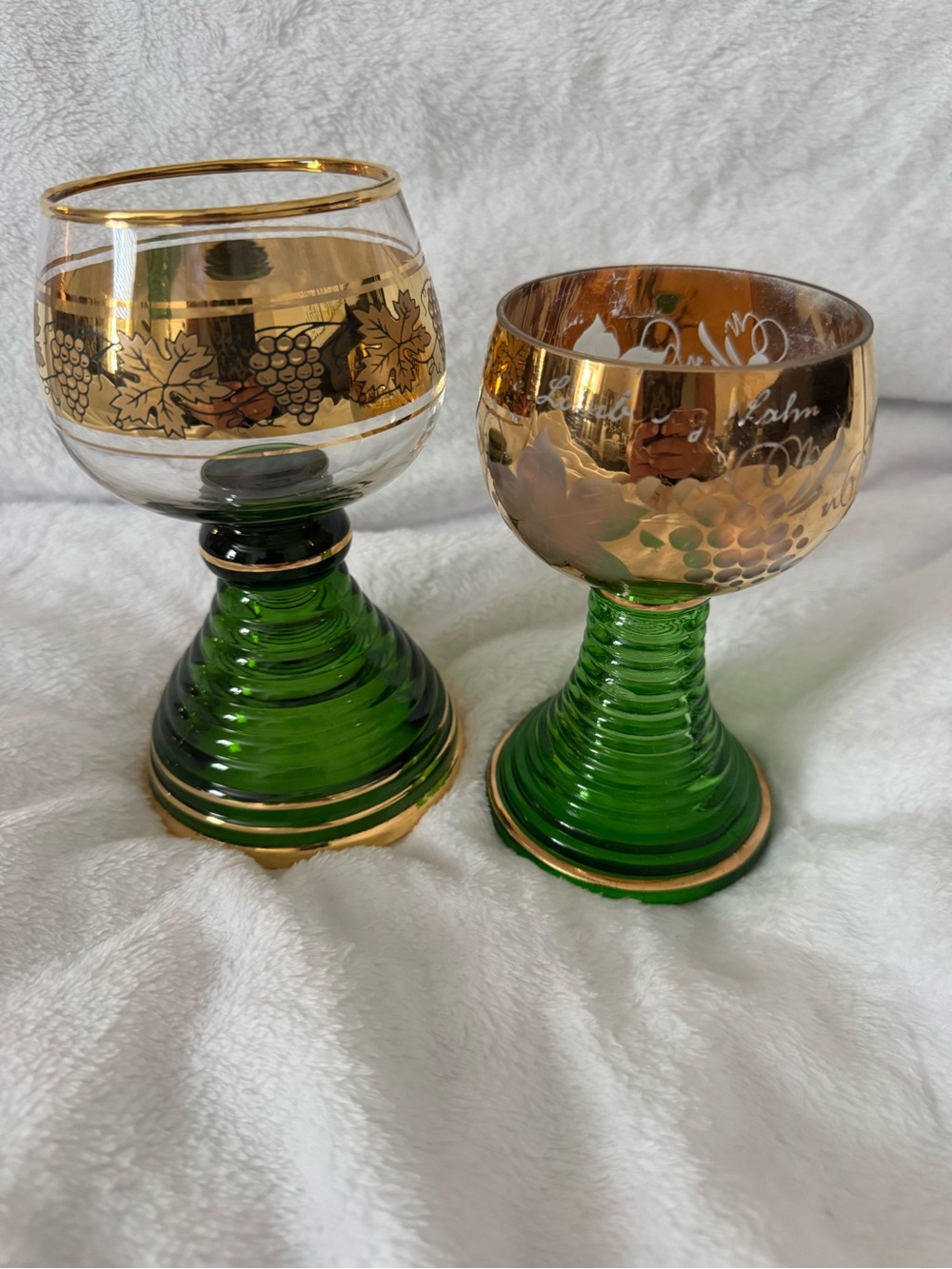German Roemer Beehive Green Glass Goblets set of 2